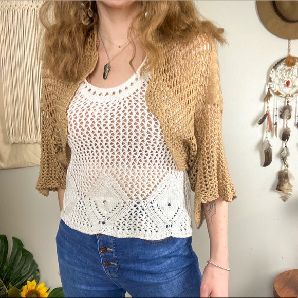 Crochet Knit Round Cropped Boho Sweater Cardigan Size Large - Picture 2 of 14